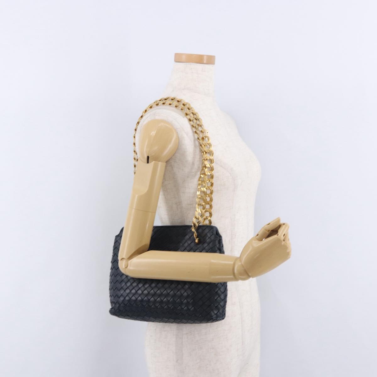 BOTTEGA VENETA INTRECCIATO Chain Shoulder Bag Leather Navy Gold Auth 191793V