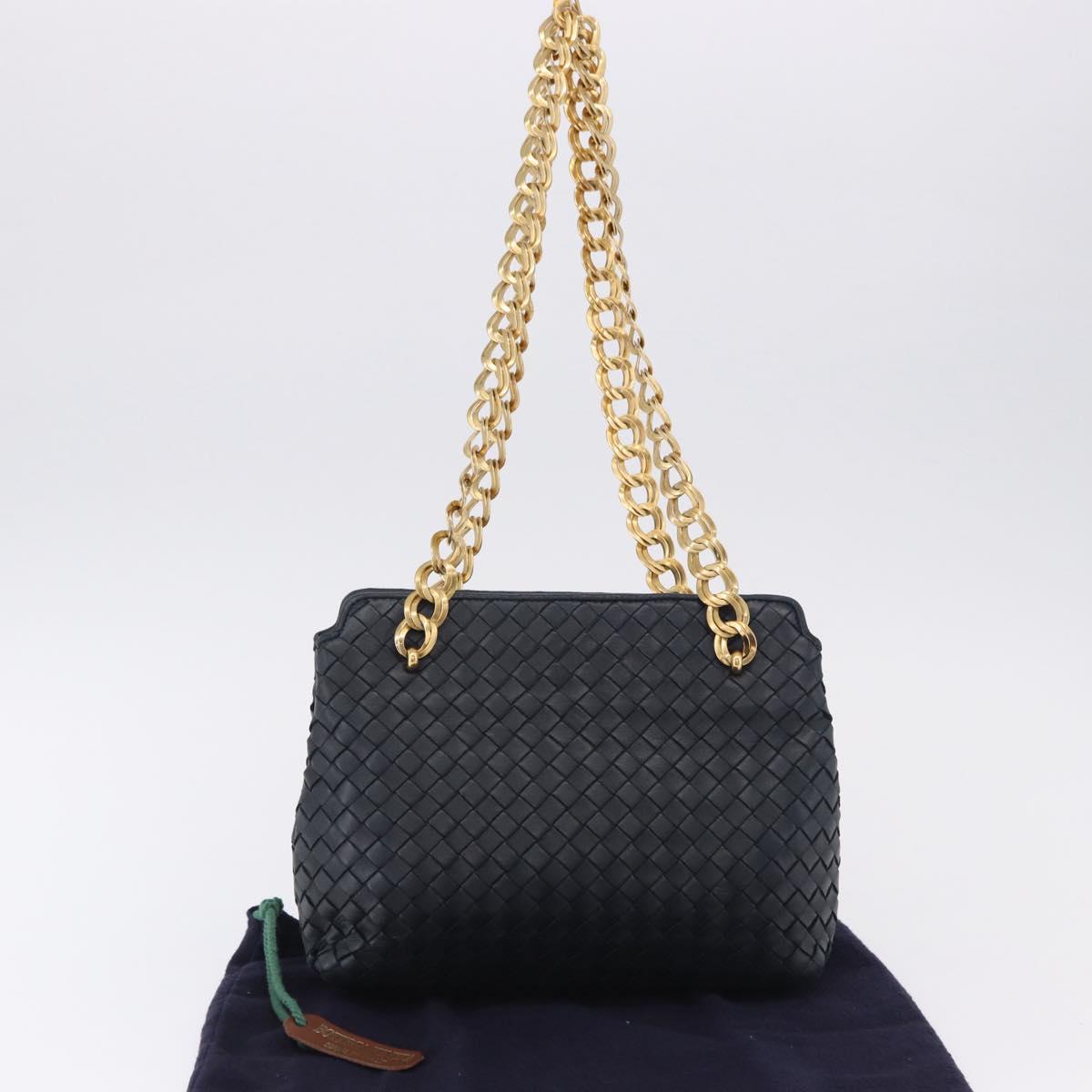 BOTTEGA VENETA INTRECCIATO Chain Shoulder Bag Leather Navy Gold Auth 191793V