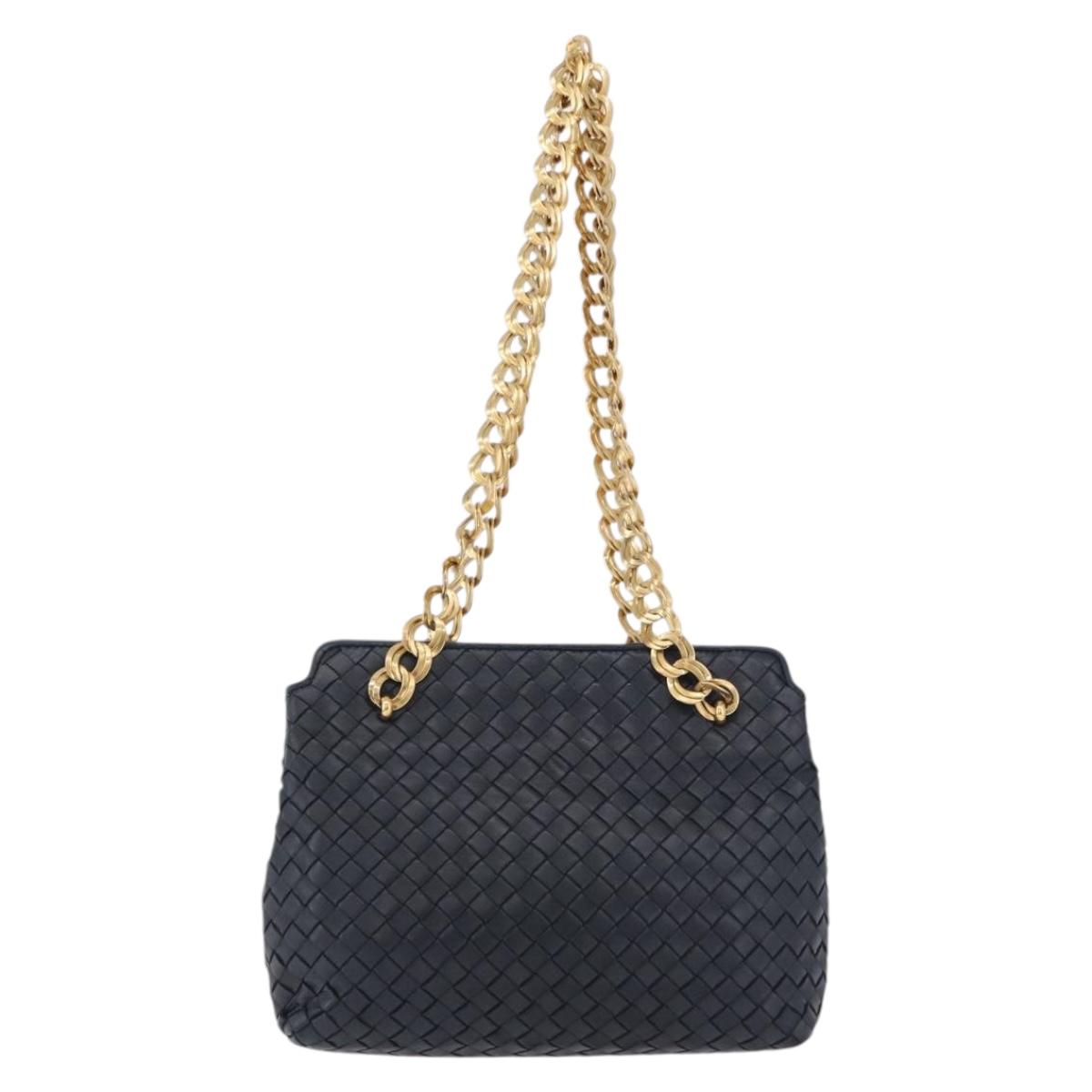 BOTTEGA VENETA INTRECCIATO Chain Shoulder Bag Leather Navy Gold Auth 191793V