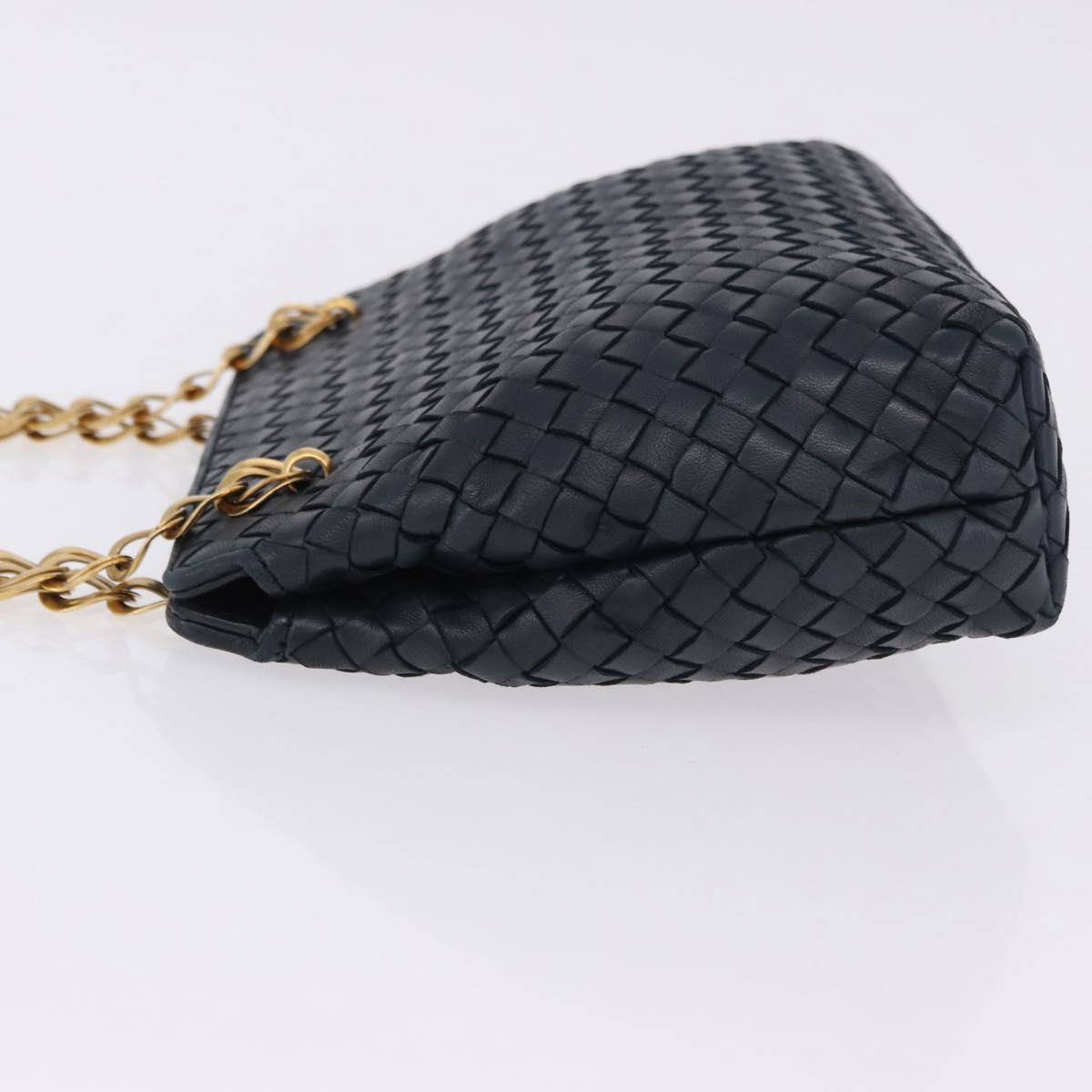 BOTTEGA VENETA INTRECCIATO Chain Shoulder Bag Leather Navy Gold Auth 191793V