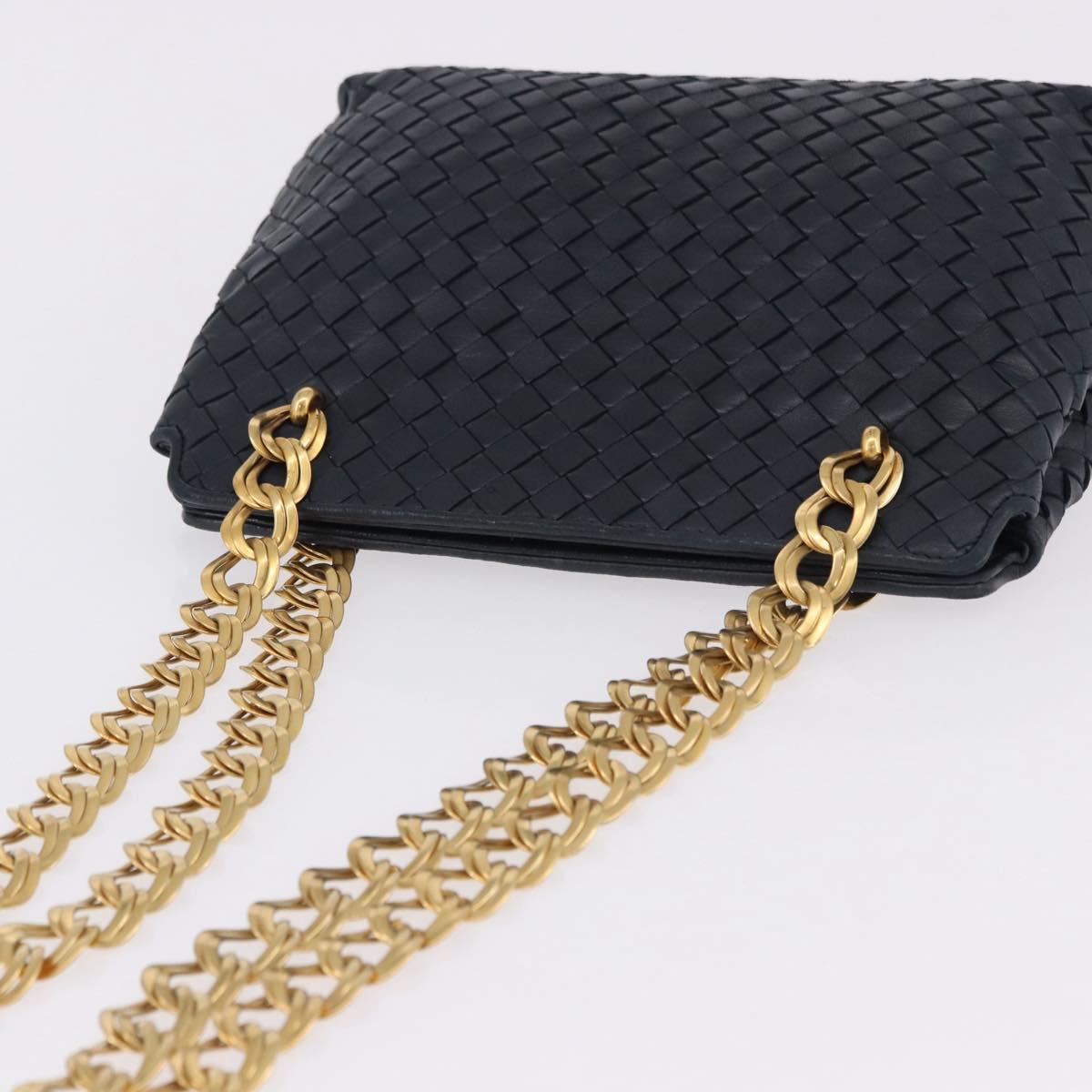 BOTTEGA VENETA INTRECCIATO Chain Shoulder Bag Leather Navy Gold Auth 191793V