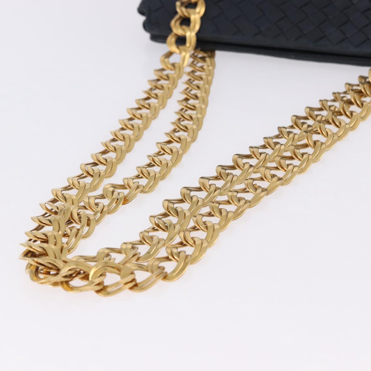BOTTEGA VENETA INTRECCIATO Chain Shoulder Bag Leather Navy Gold Auth 191793V