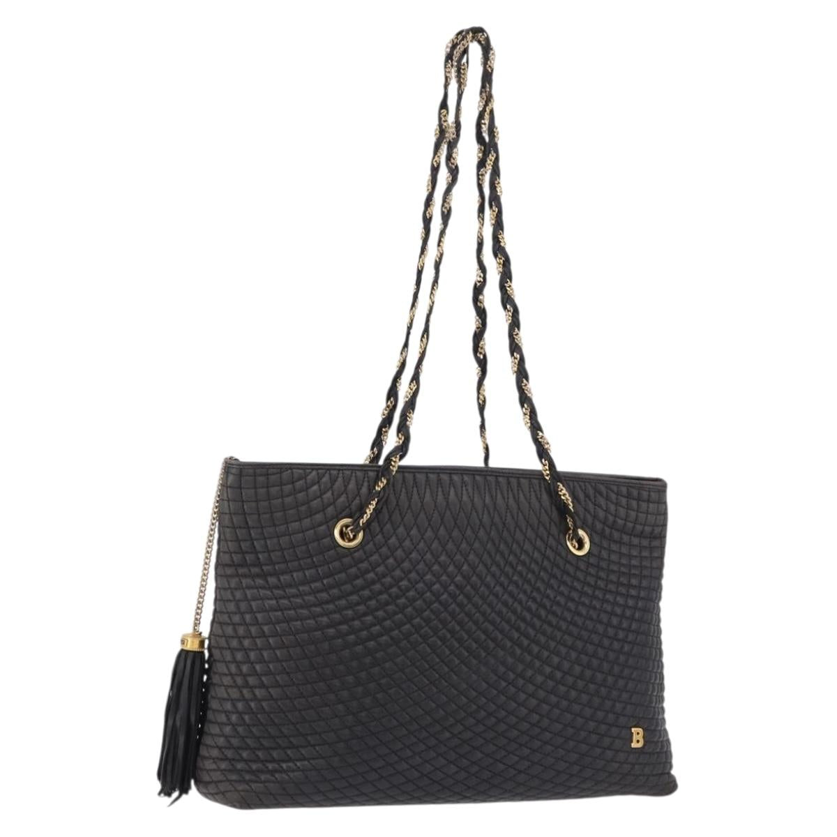 BALLY Chain Shoulder Bag Leather Black Gold Tone Auth 191794