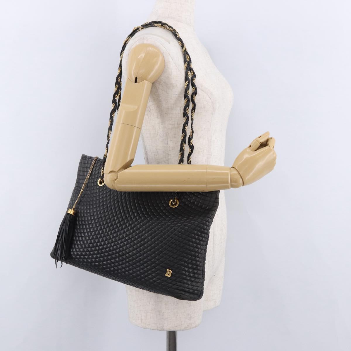 BALLY Chain Shoulder Bag Leather Black Gold Tone Auth 191794
