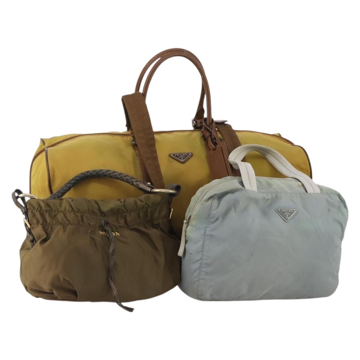 PRADA Boston Bag Hand Bag Nylon 3 Set Khaki Blue Auth 191805
