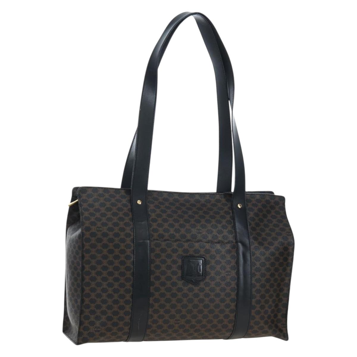 CELINE Macadam Canvas Tote Bag PVC Leather Black Gold Auth 191812V
