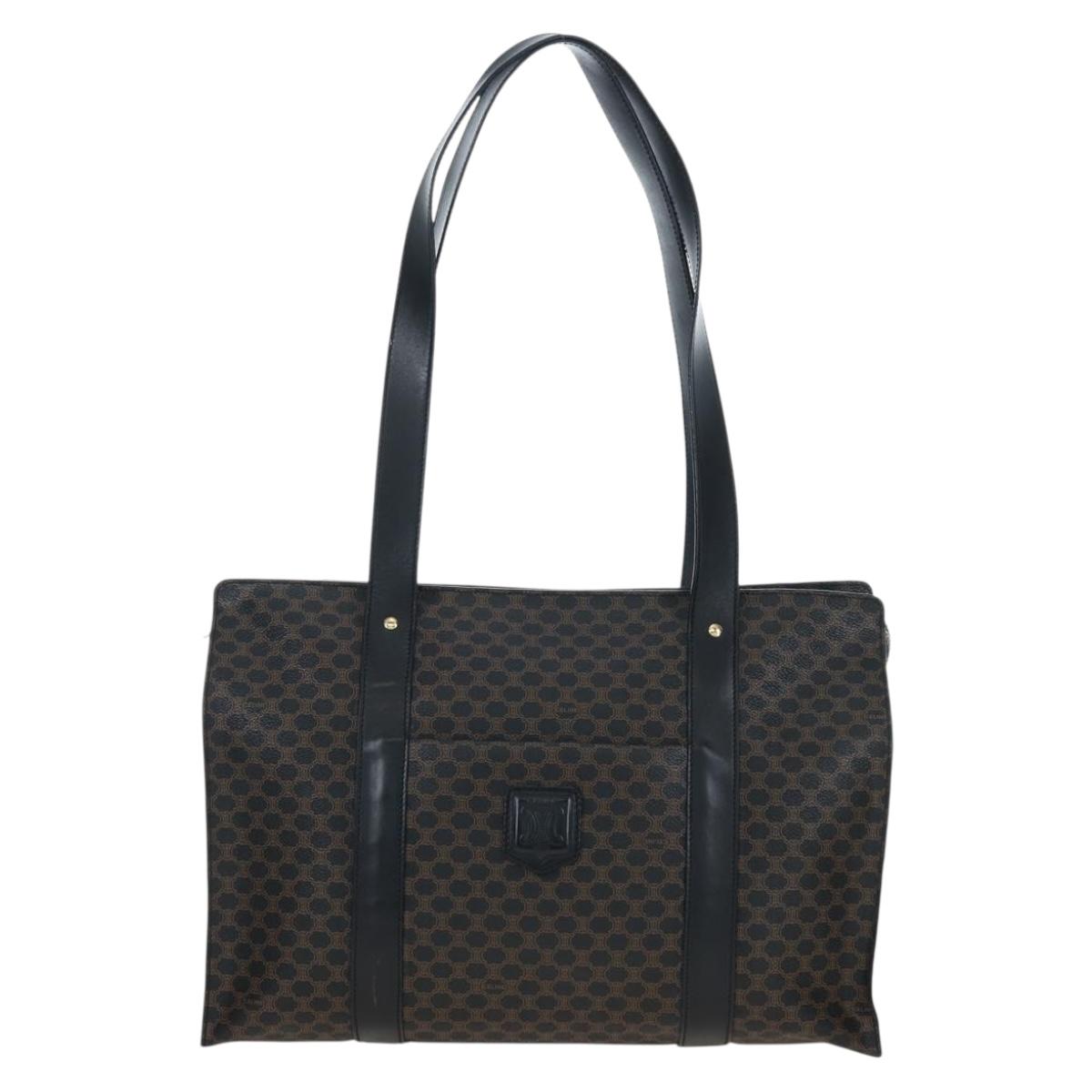 CELINE Macadam Canvas Tote Bag PVC Leather Black Gold Auth 191812V