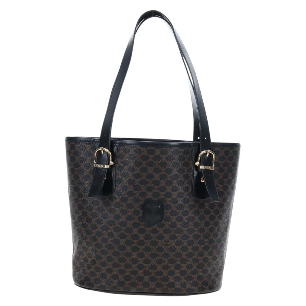CELINE Macadam Canvas Hand Bag PVC Leather Black Gold Auth 191813V