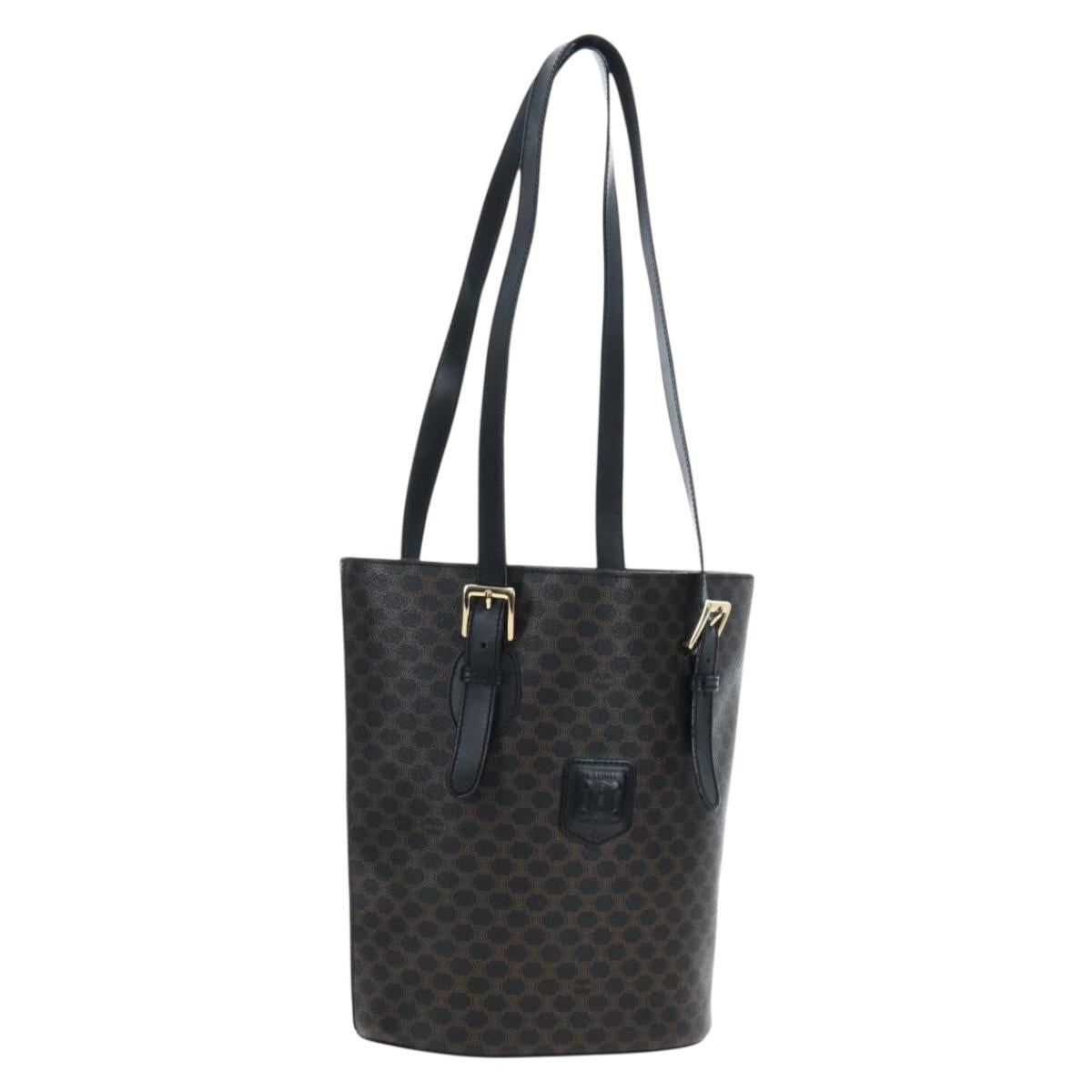 CELINE Macadam Canvas Tote Bag PVC Leather Black Gold Auth 191815V