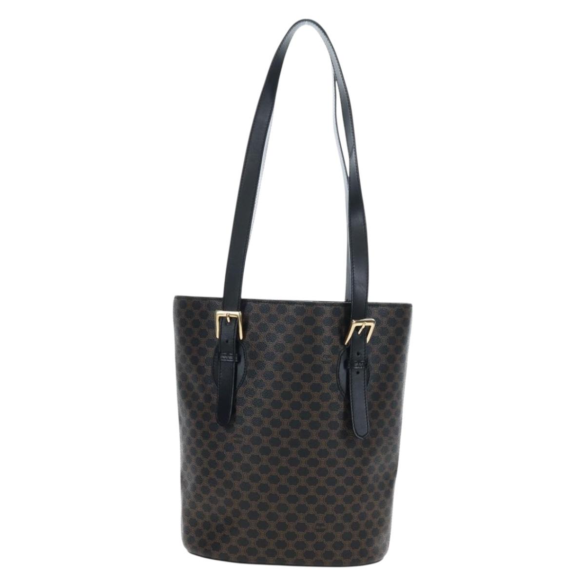 CELINE Macadam Canvas Tote Bag PVC Leather Black Gold Auth 191815V
