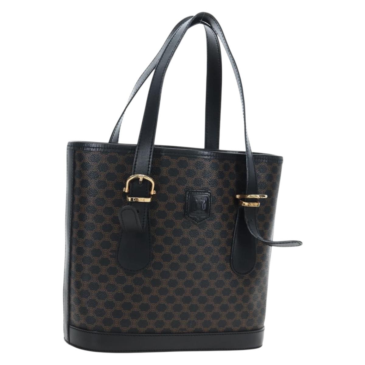 CELINE Macadam Canvas Hand Bag PVC Leather Black Gold Auth 191816V