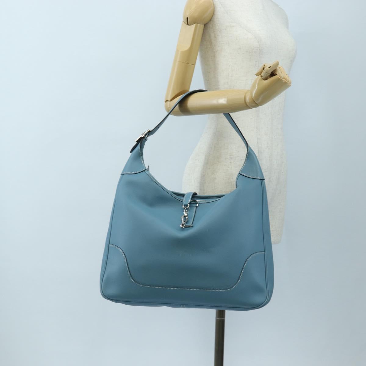 HERMES Trim 38 Shoulder Bag Leather Light Blue Silver Auth 191823M
