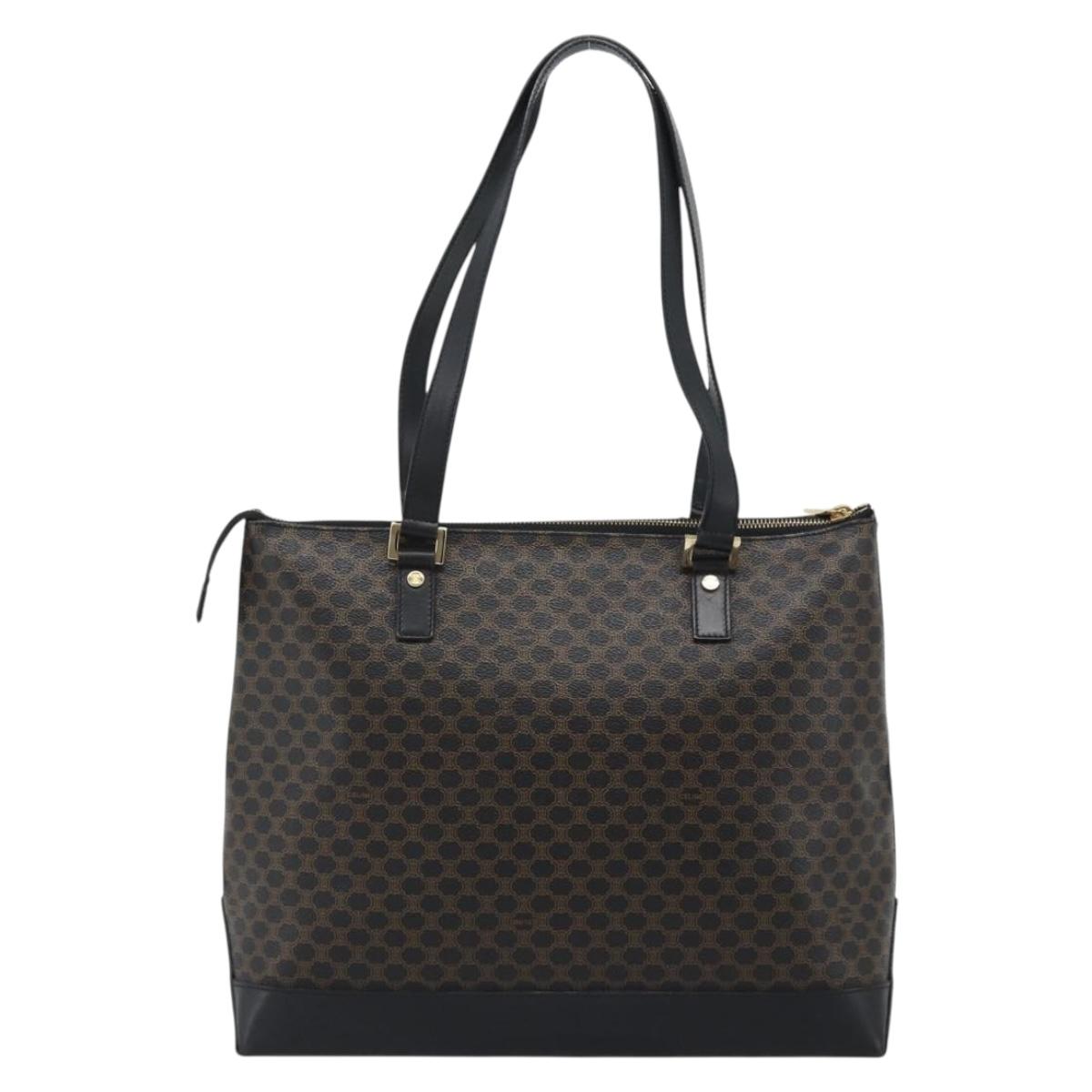 CELINE Macadam Canvas Tote Bag PVC Leather Black Gold Auth 191826V