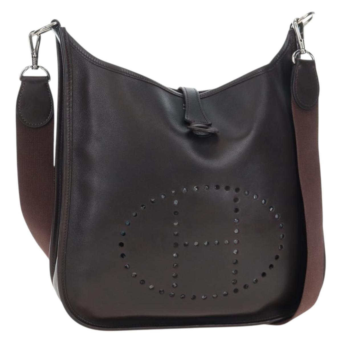 HERMES Evelyn Shoulder Bag Leather Brown Silver Auth 191831M