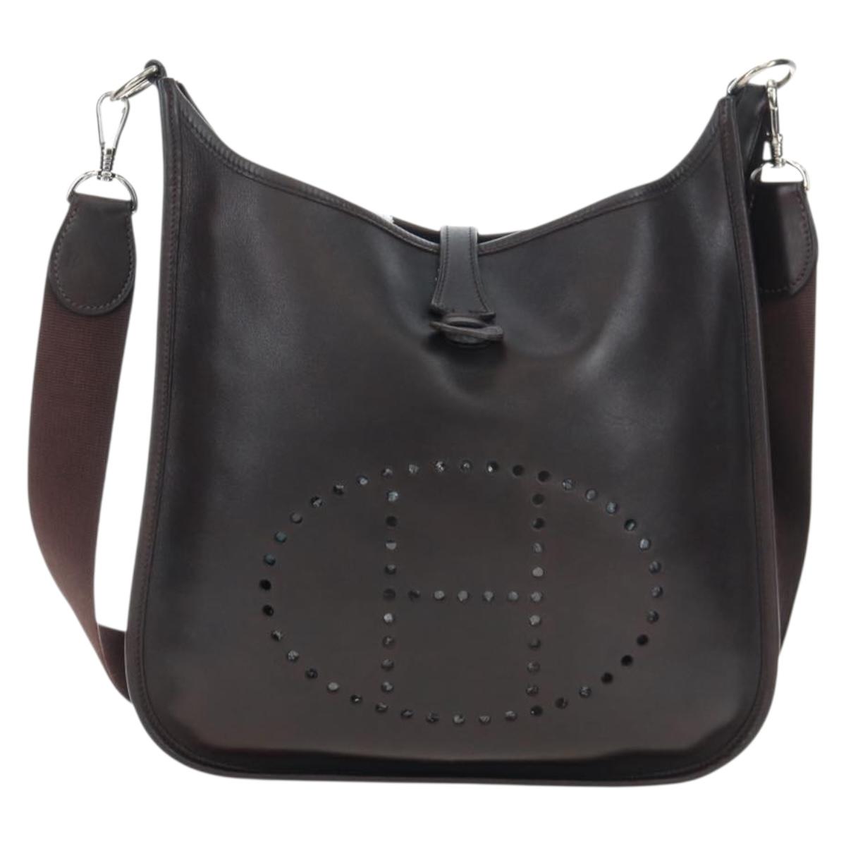 HERMES Evelyn Shoulder Bag Leather Brown Silver Auth 191831M