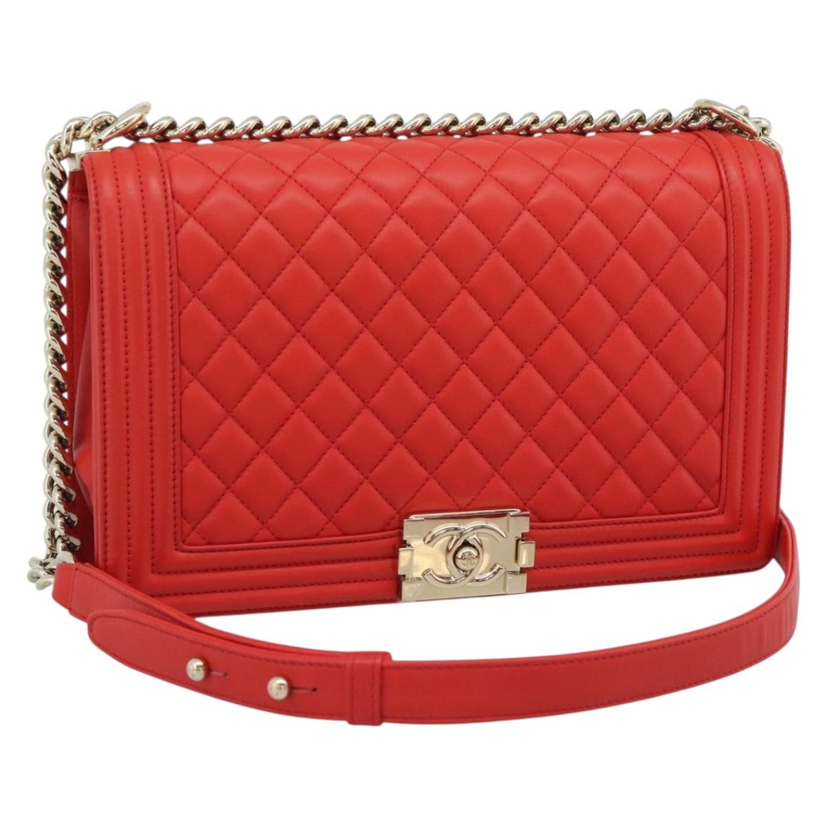 CHANEL Chain Matelasse 28 Boy Chanel Bag Lamb Skin Red Gold CC Auth 191832SAM