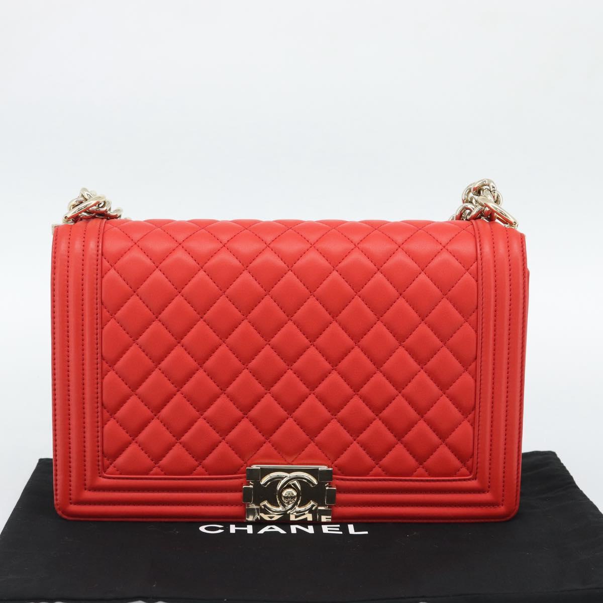 CHANEL Chain Matelasse 28 Boy Chanel Bag Lamb Skin Red Gold CC Auth 191832SAM