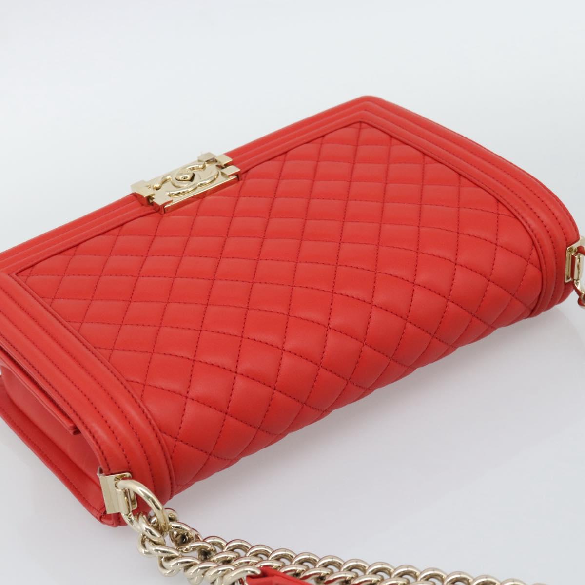CHANEL Chain Matelasse 28 Boy Chanel Bag Lamb Skin Red Gold CC Auth 191832SAM