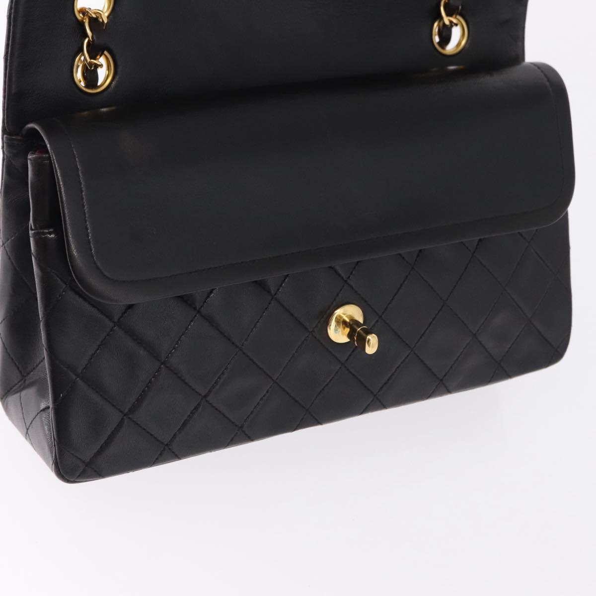 CHANEL Double Flap Chain Matelasse25 Bag Lamb Skin Black Gold CC Auth 191833SAM