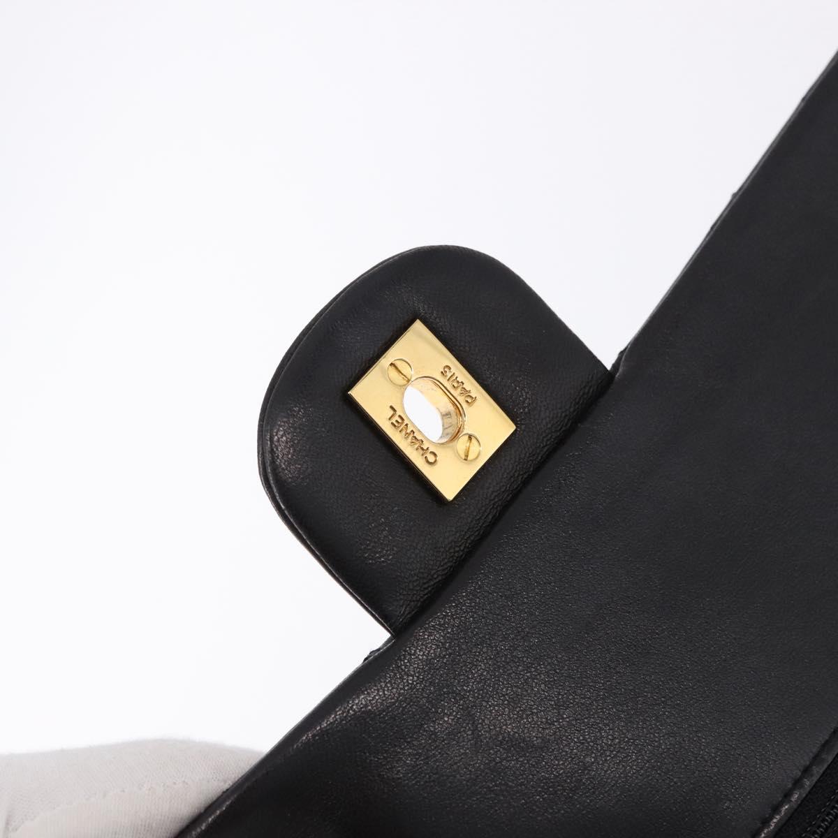 CHANEL Double Flap Chain Matelasse25 Bag Lamb Skin Black Gold CC Auth 191833SAM