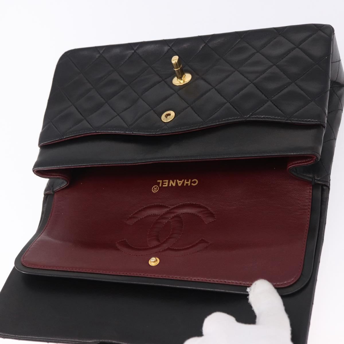 CHANEL Double Flap Chain Matelasse25 Bag Lamb Skin Black Gold CC Auth 191833SAM