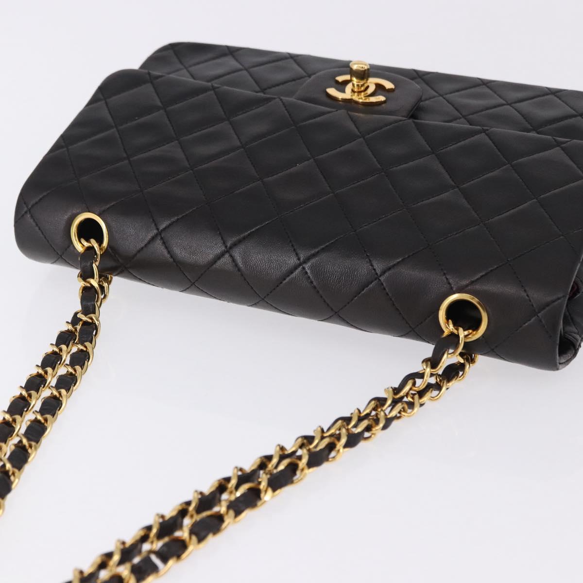 CHANEL Double Flap Chain Matelasse25 Bag Lamb Skin Black Gold CC Auth 191833SAM