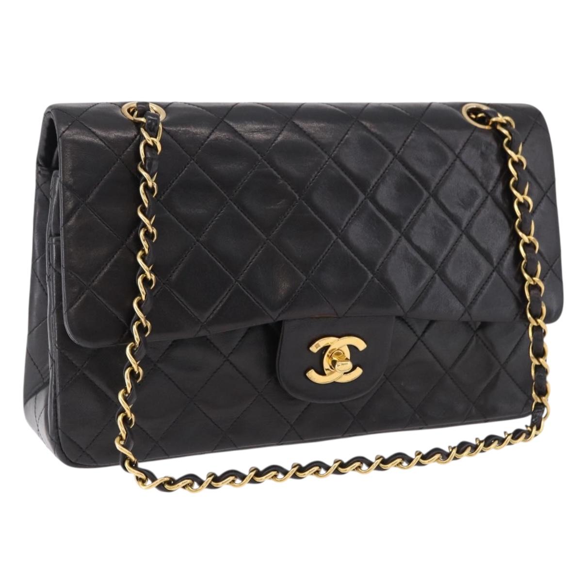 CHANEL Chain Matelasse25 Shoulder Bag Lamb Skin Black Gold CC Auth 191834SAM