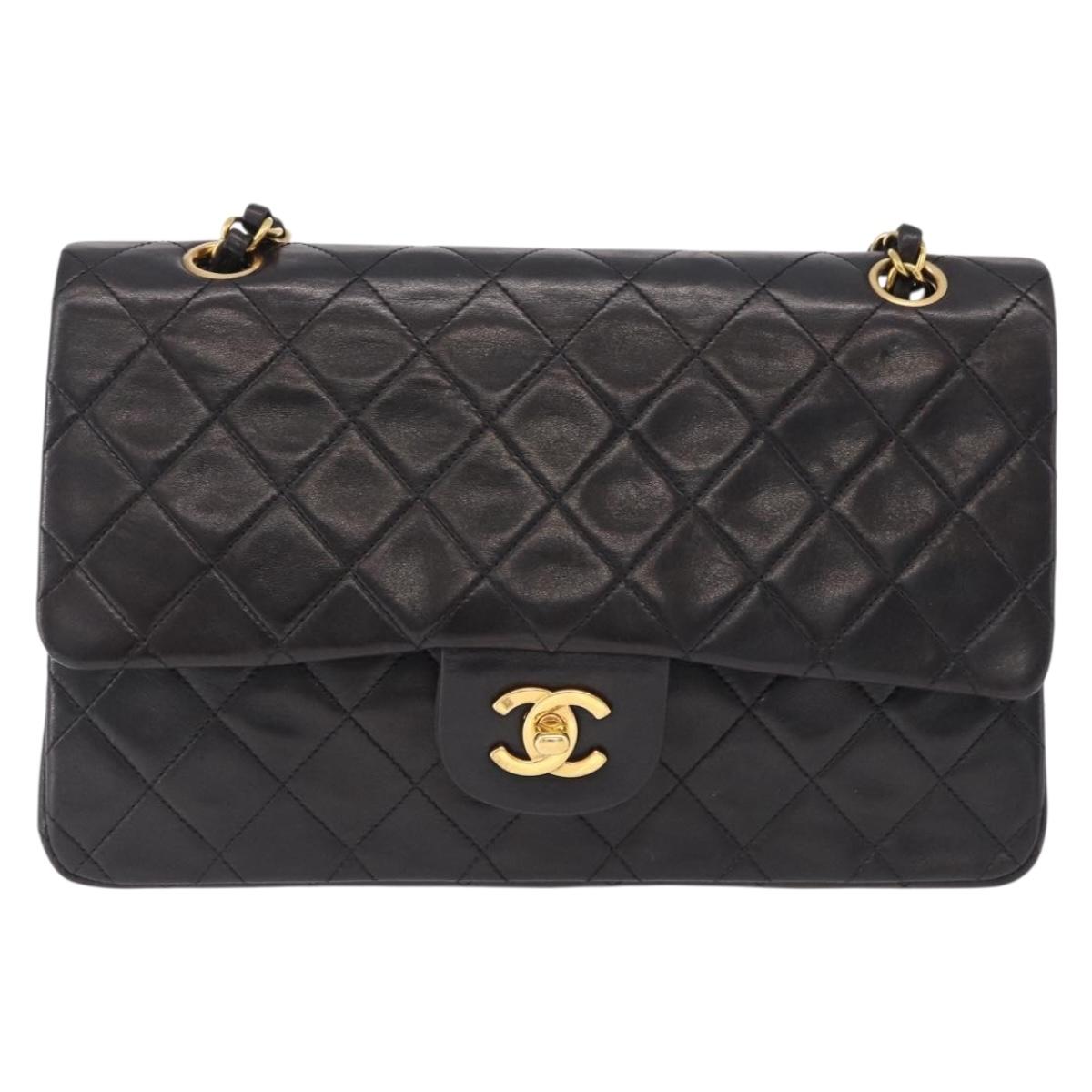 CHANEL Chain Matelasse25 Shoulder Bag Lamb Skin Black Gold CC Auth 191834SAM