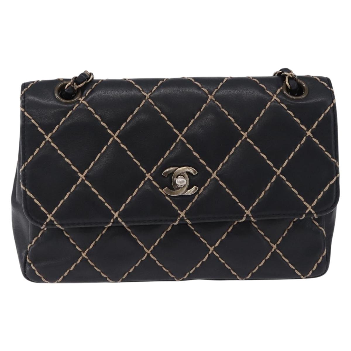 CHANEL Wild Stitch Chain Shoulder Bag Leather Black Gold CC Auth 191835M