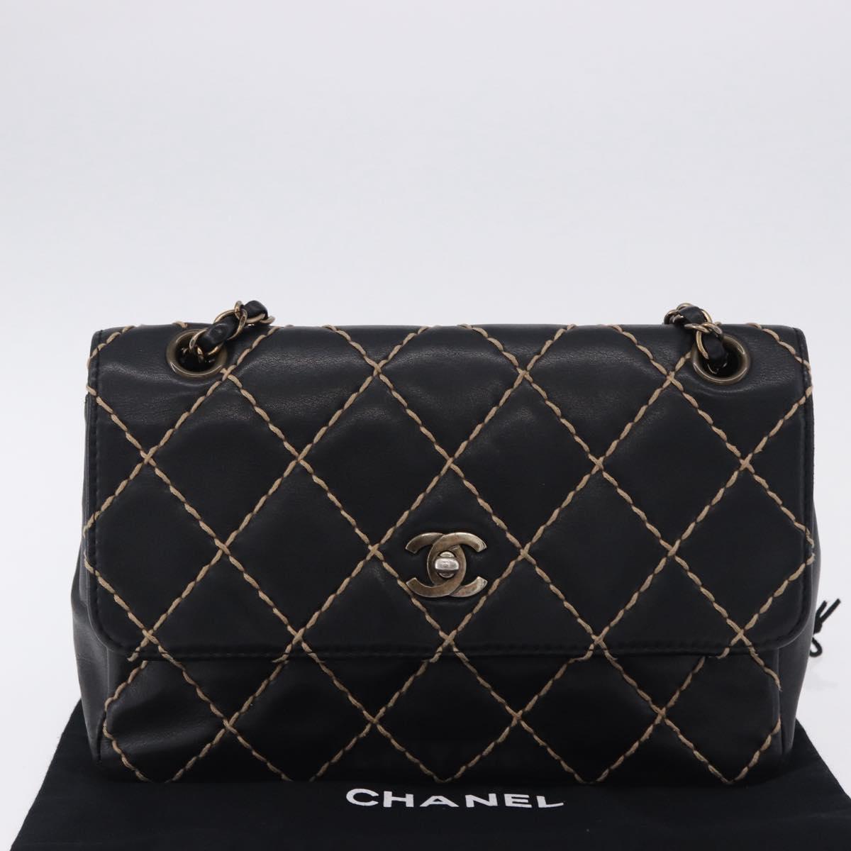 CHANEL Wild Stitch Chain Shoulder Bag Leather Black Gold CC Auth 191835M