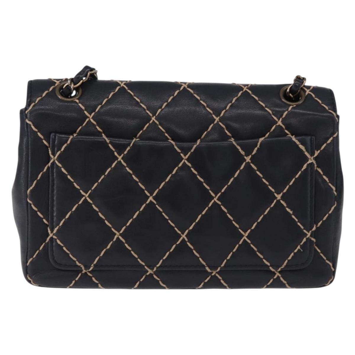 CHANEL Wild Stitch Chain Shoulder Bag Leather Black Gold CC Auth 191835M