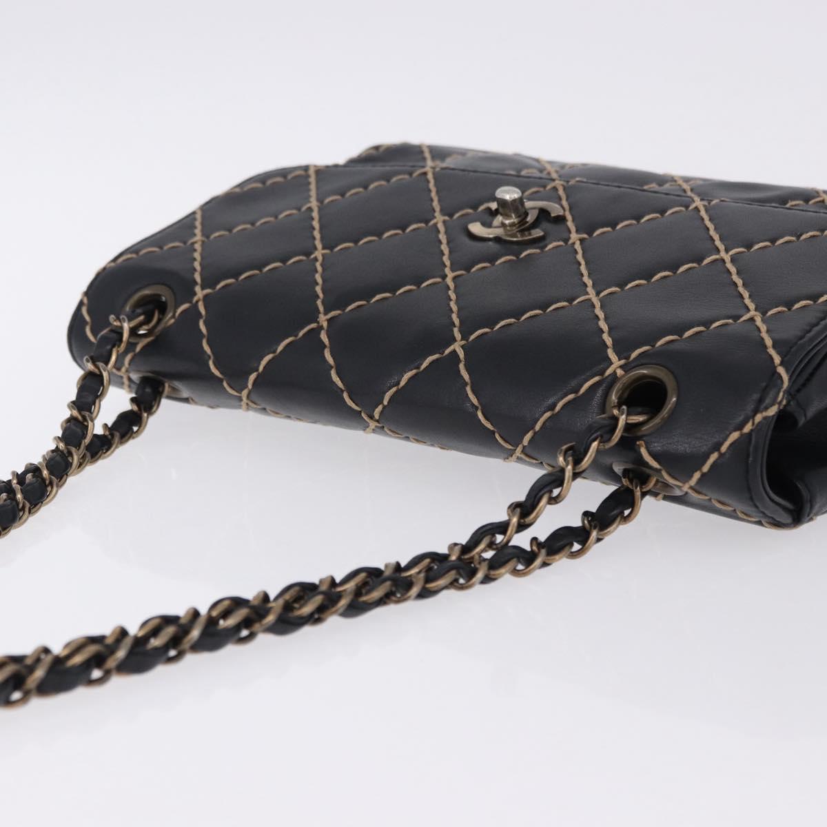 CHANEL Wild Stitch Chain Shoulder Bag Leather Black Gold CC Auth 191835M