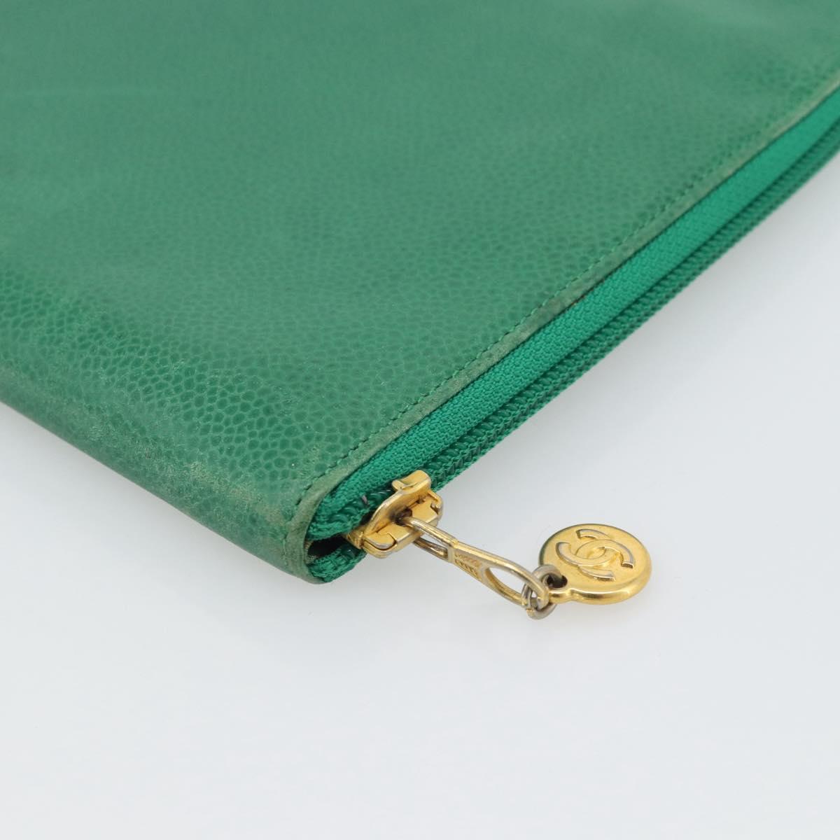 CHANEL COCO Mark Clutch Bag Caviar Skin Green Gold CC Auth 191836A