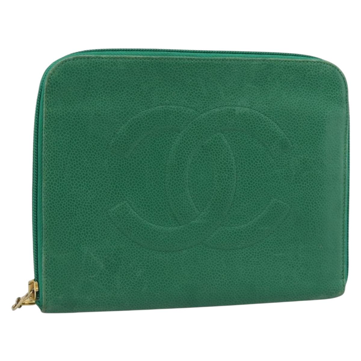 CHANEL COCO Mark Clutch Bag Caviar Skin Green Gold CC Auth 191836A