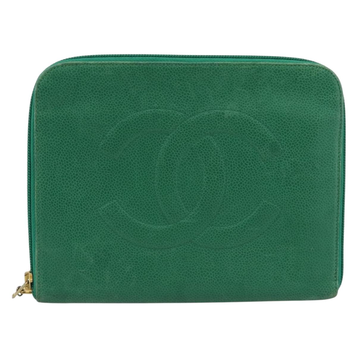 CHANEL COCO Mark Clutch Bag Caviar Skin Green Gold CC Auth 191836A