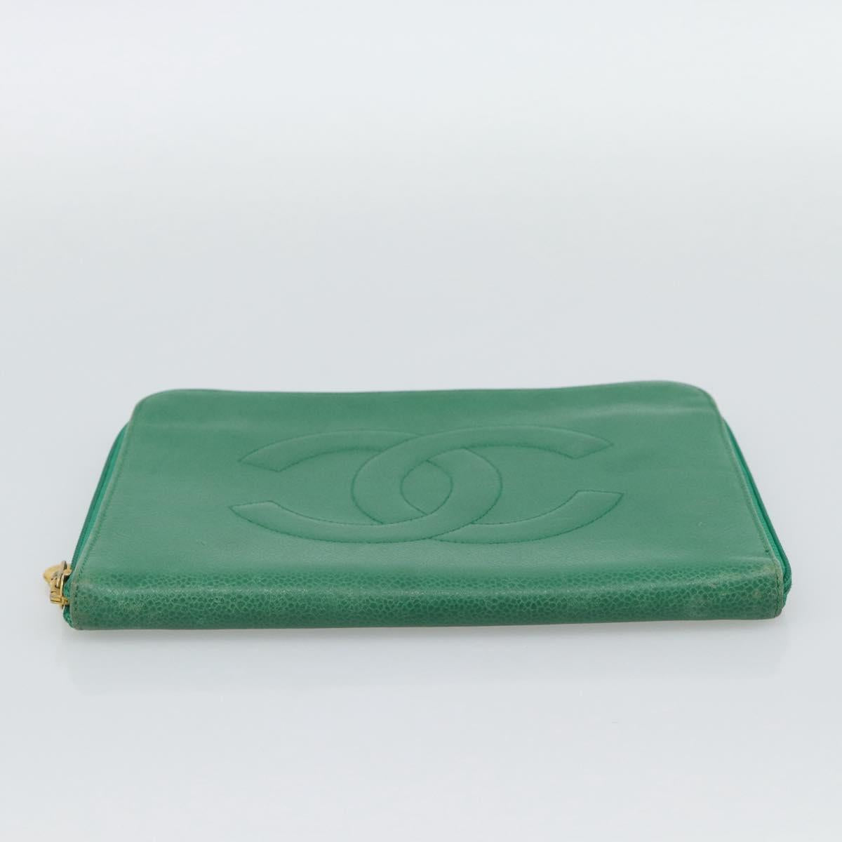 CHANEL COCO Mark Clutch Bag Caviar Skin Green Gold CC Auth 191836A