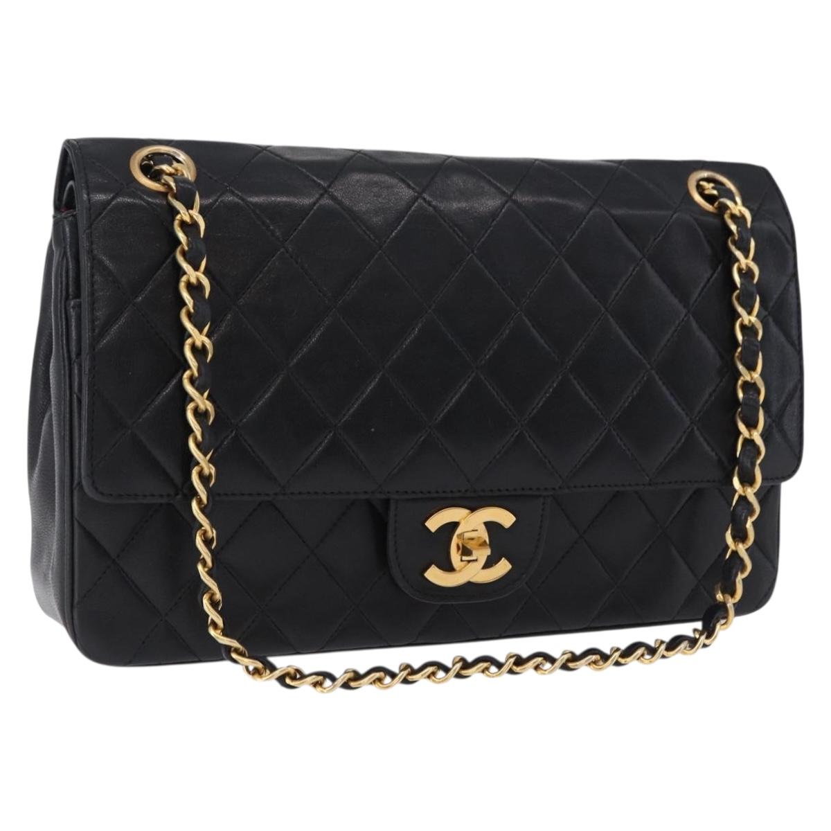 CHANEL Matelasse Chain Shoulder Bag Lamb Skin Black Gold CC Auth 191837M