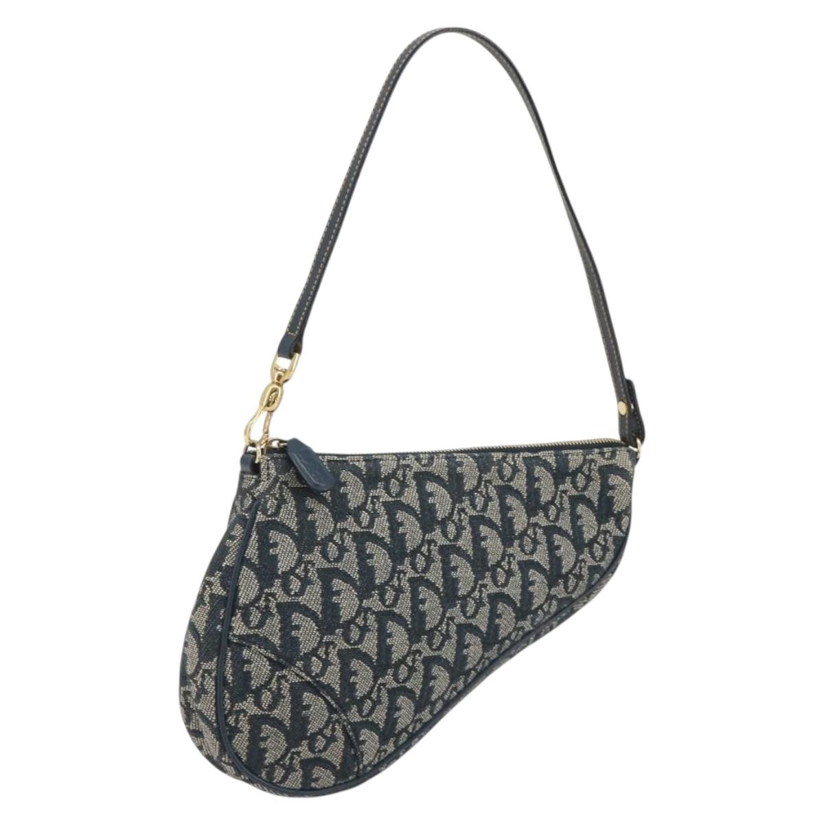 Christian Dior Trotter Canvas Saddle Pouch Navy Gold Auth 191838V