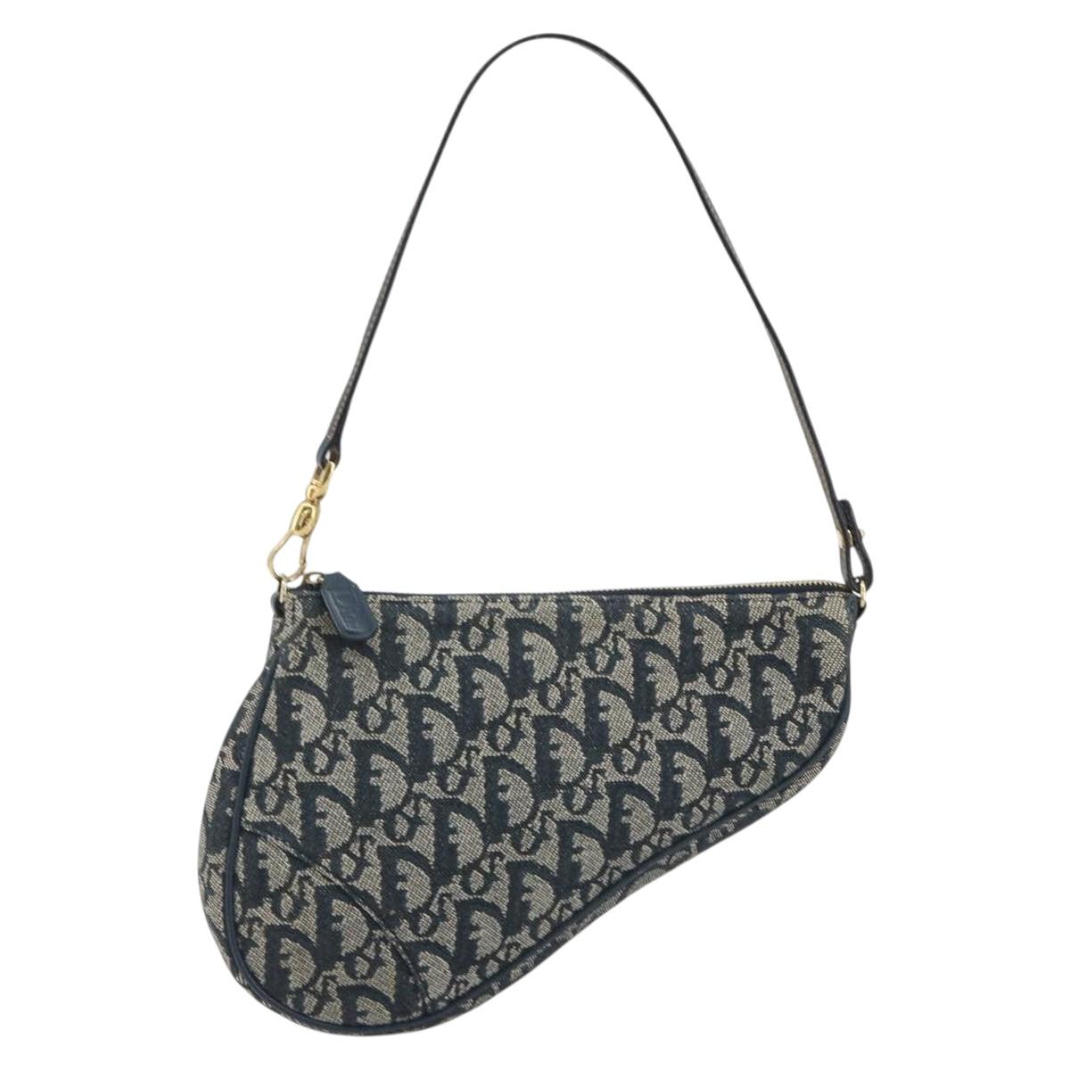 Christian Dior Trotter Canvas Saddle Pouch Navy Gold Auth 191838V