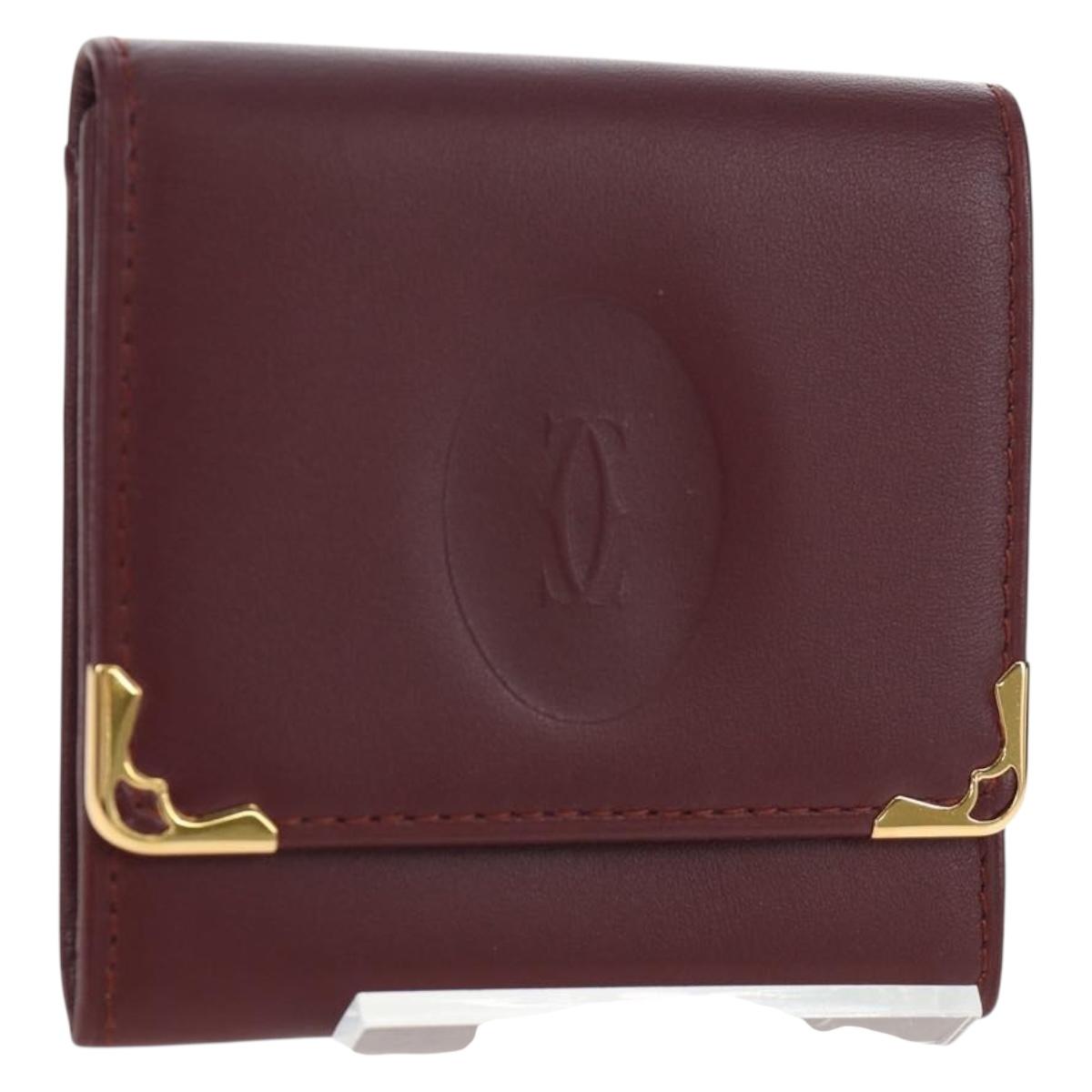 CARTIER Must Line Coin Purse Leather Bordeaux Gold Auth 191853V