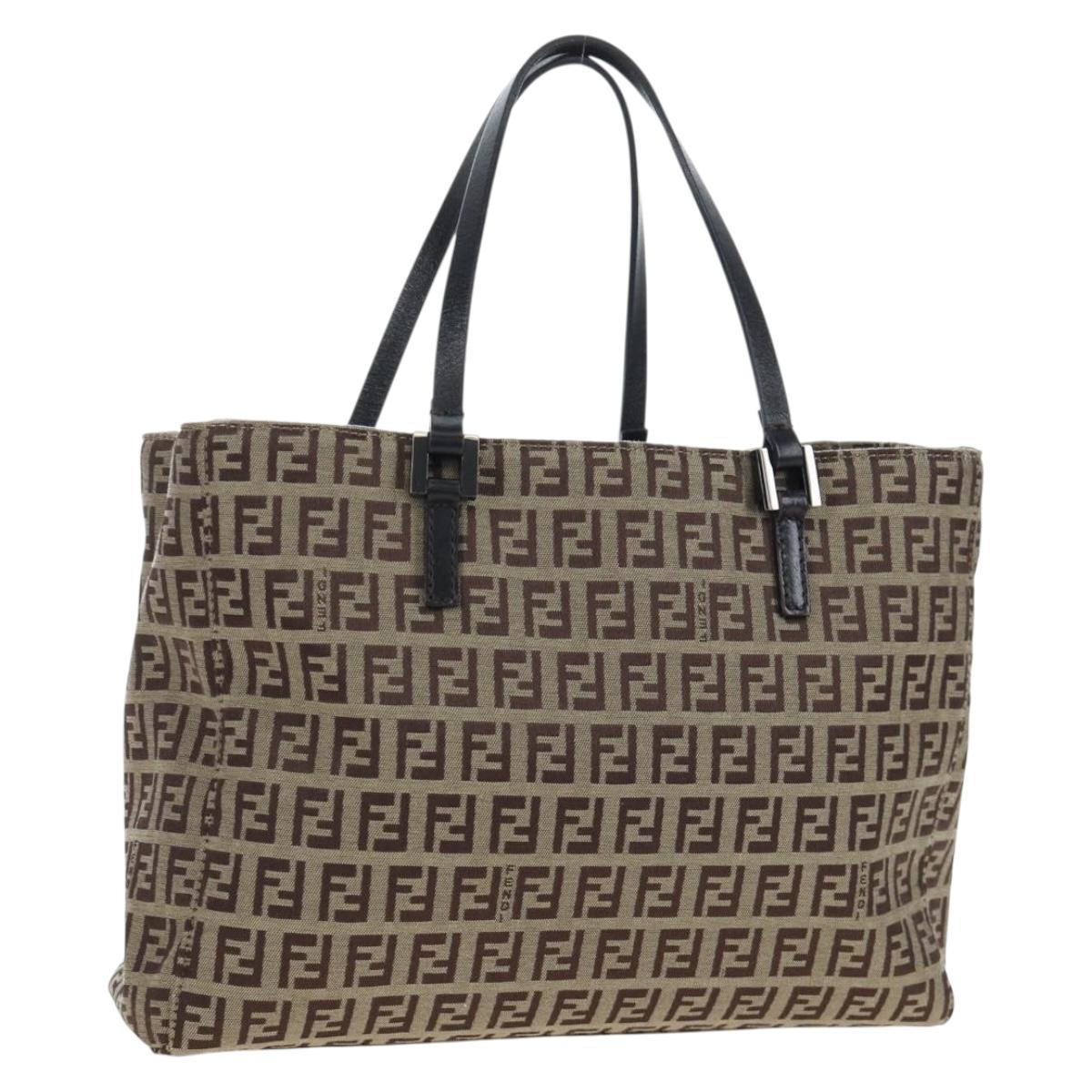 FENDI Zucchino Canvas Hand Bag Beige Silver Auth 191868V
