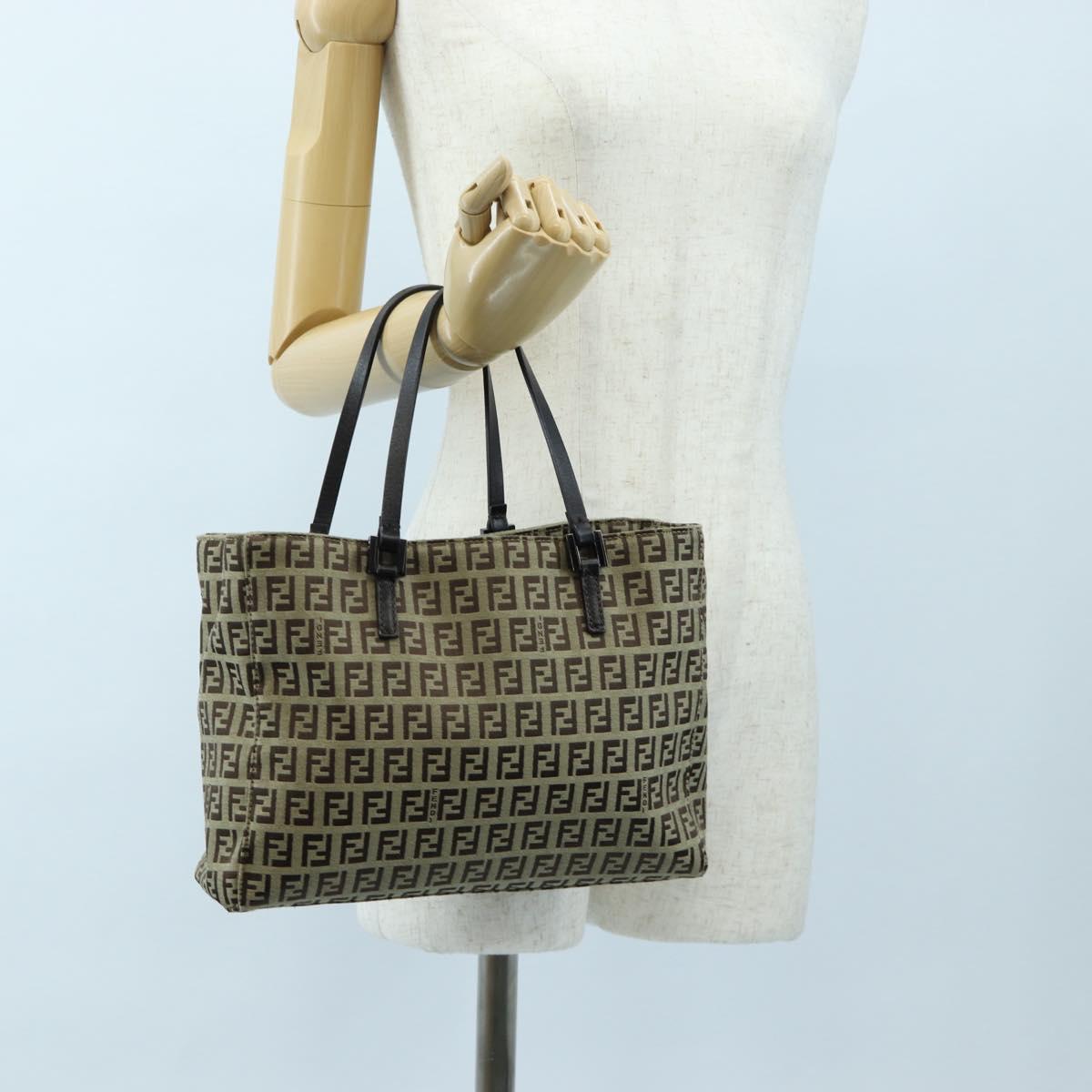 FENDI Zucchino Canvas Hand Bag Beige Silver Auth 191868V