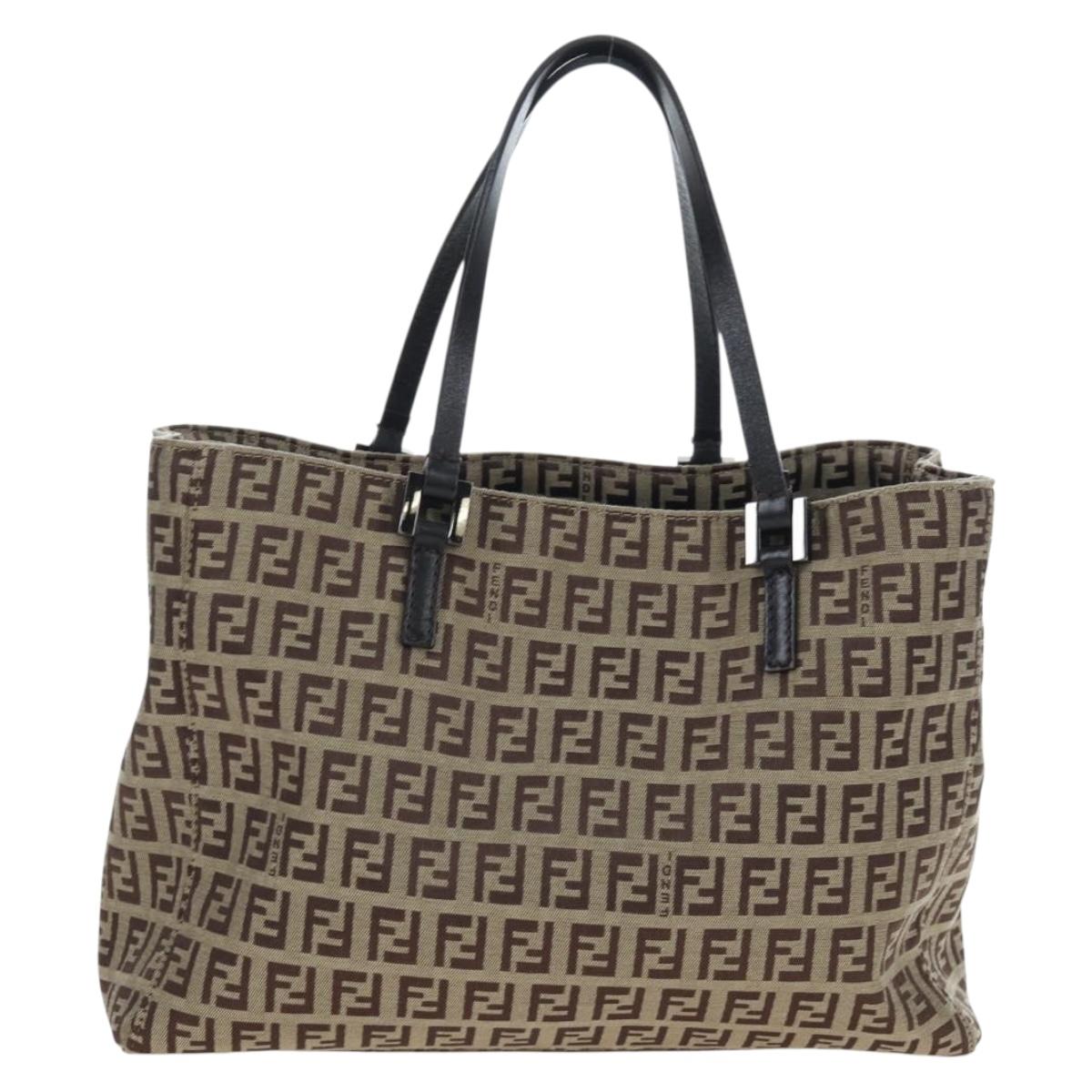 FENDI Zucchino Canvas Hand Bag Beige Silver Auth 191868V