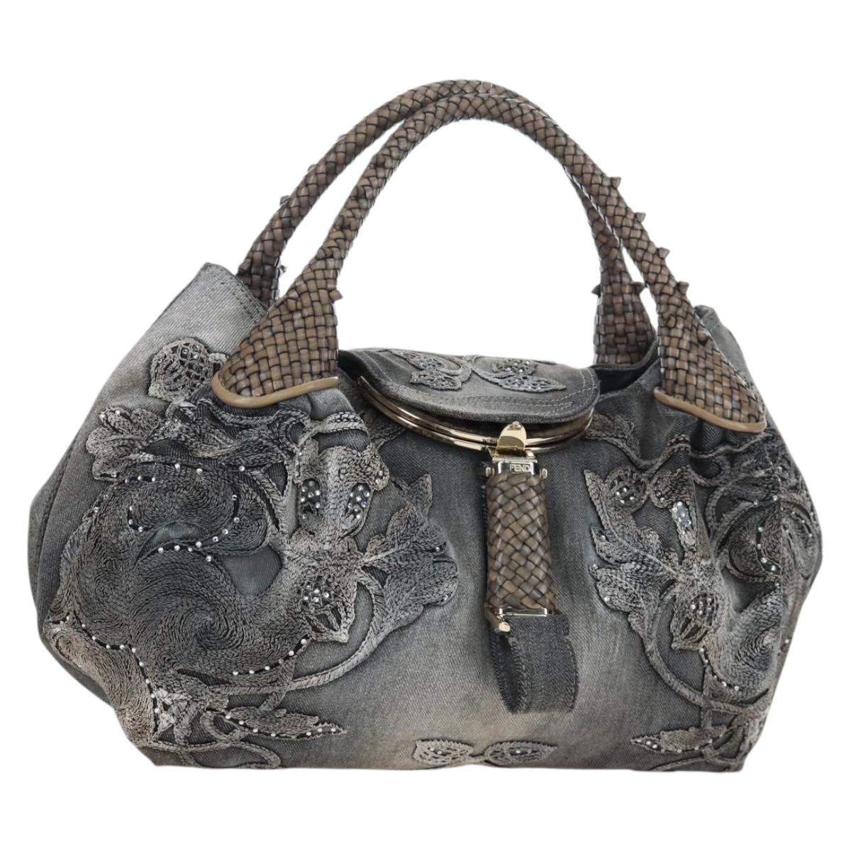 FENDI Shoulder Bag Denim Gray Gold Auth 191869SAV