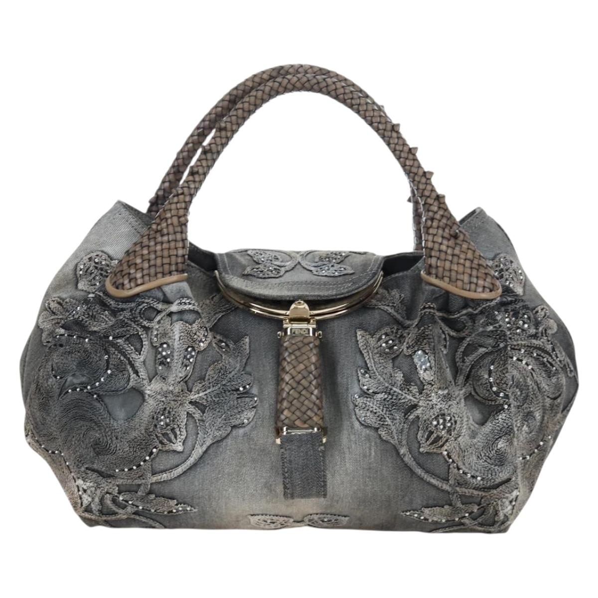 FENDI Shoulder Bag Denim Gray Gold Auth 191869SAV