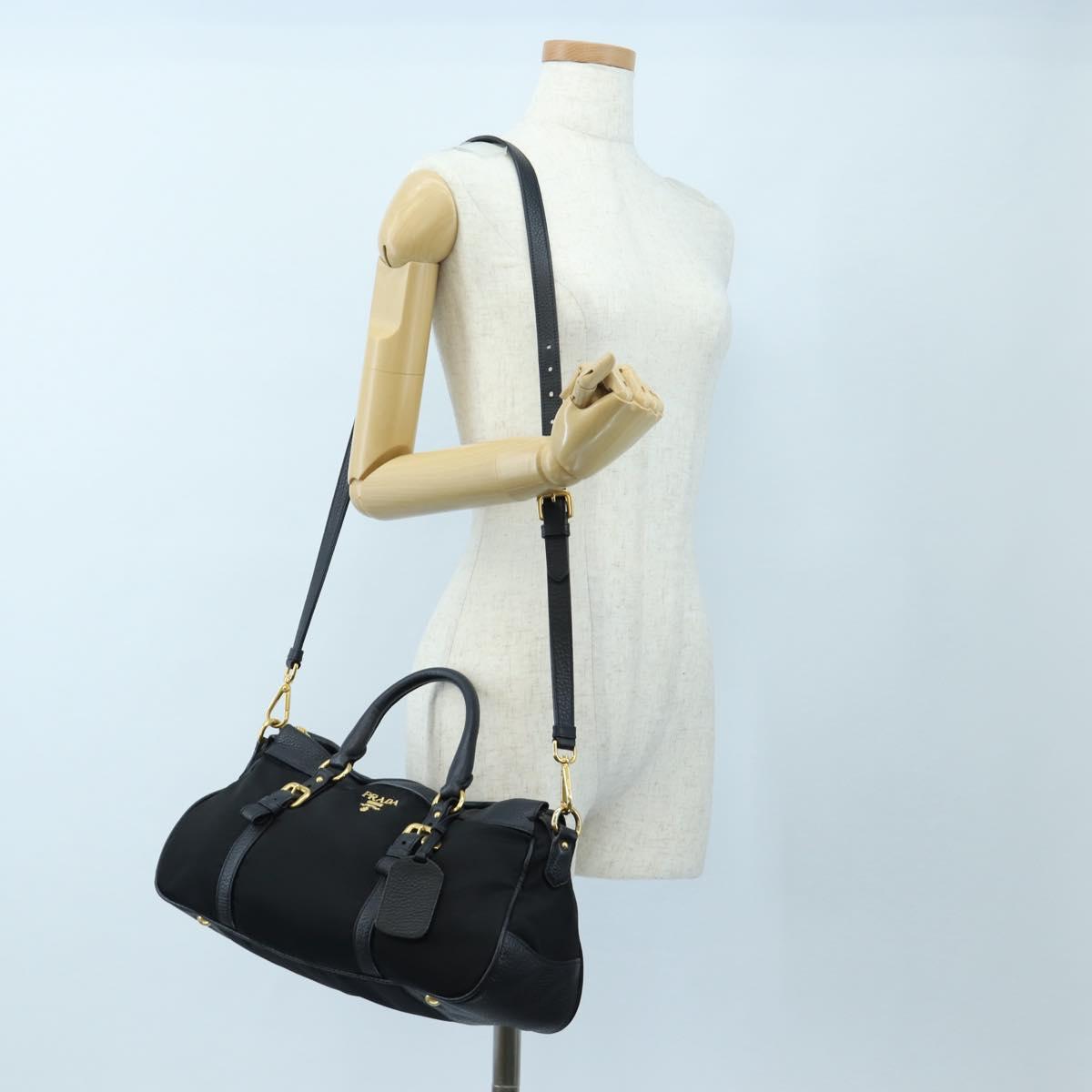 PRADA Hand Bag Nylon Leather 2way Black Gold Auth 191870V