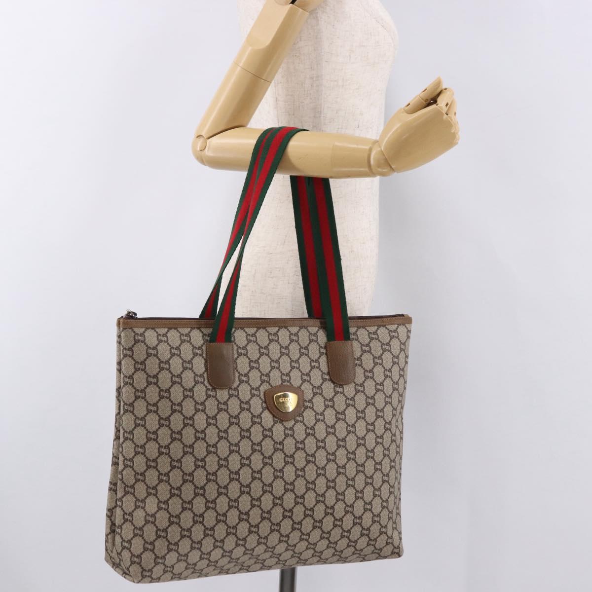 GUCCI GG Plus Supreme Web Sherry Line Tote Bag PVC Beige Gold Auth 191893