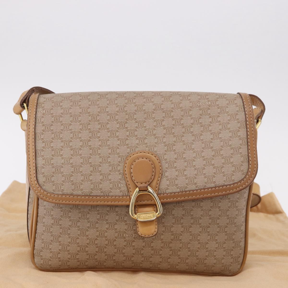 CELINE Macadam Canvas Shoulder Bag Beige Gold Auth 191901
