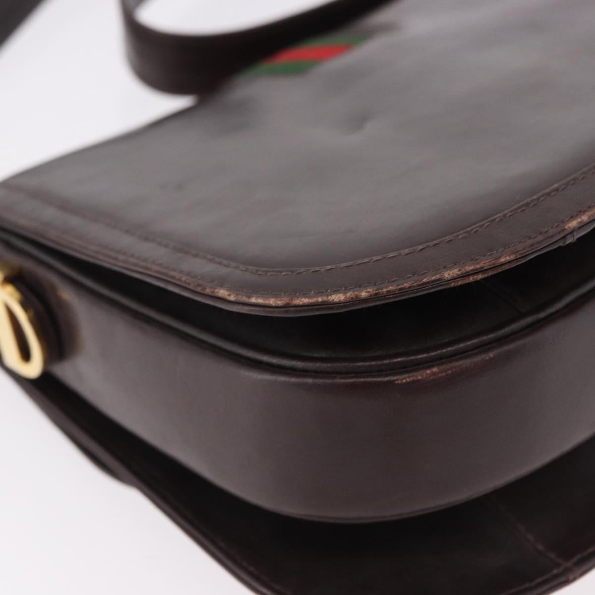 GUCCI Web Sherry Line Shoulder Bag Leather Brown Gold Auth 191902