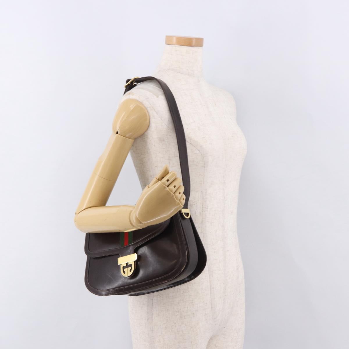 GUCCI Web Sherry Line Shoulder Bag Leather Brown Gold Auth 191902